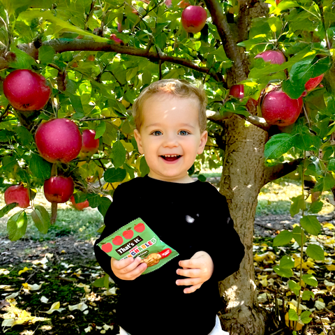 Toddler in Apple Orchard holding That's it. Fruit Crunchables