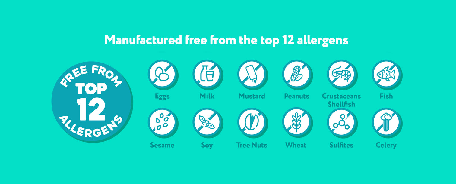 Free from the top 12 allergens: no peanuts, tree nuts, milk, eggs, wheat, soy, fish, shellfish, sesame, mustard, celery or lupin