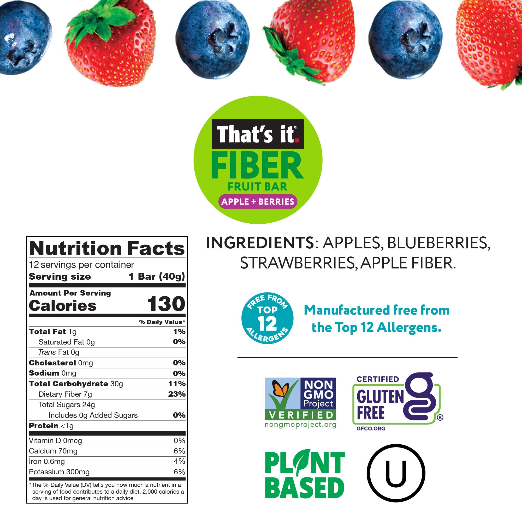 Apple + Berries Fiber Fruit Bars (12 Bars) nutrition facts label