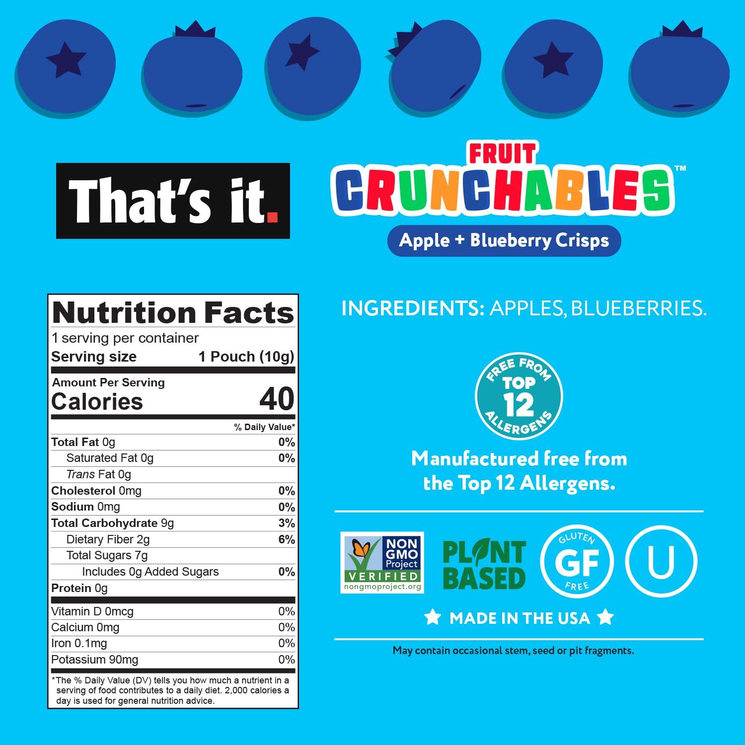 Apple + Blueberry Crisps Fruit Crunchables (15 Packs) nutrition facts label