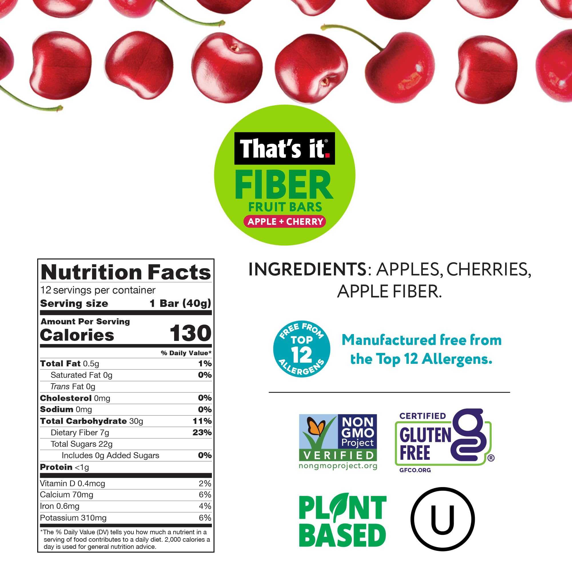 Apple + Cherry Fiber Fruit Bars (12 Bars) nutrition facts label