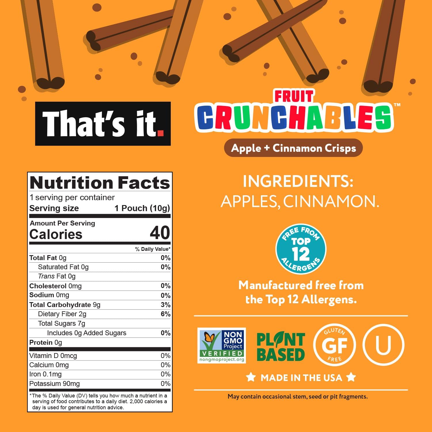 Apple + Cinnamon Crisps Fruit Crunchables (15 Packs) nutrition facts label