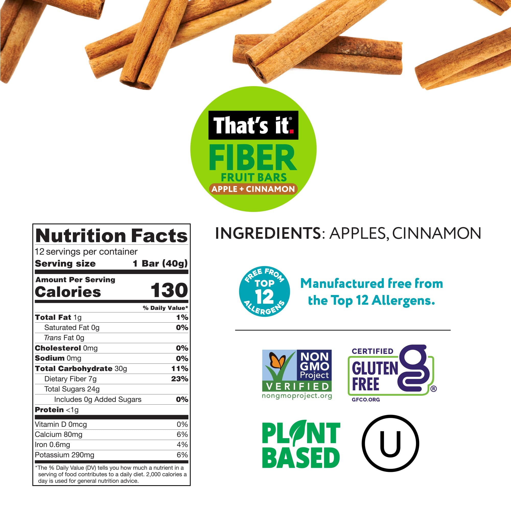 Apple + Cinnamon Fiber Fruit Bars (12 Bars) nutrition facts label