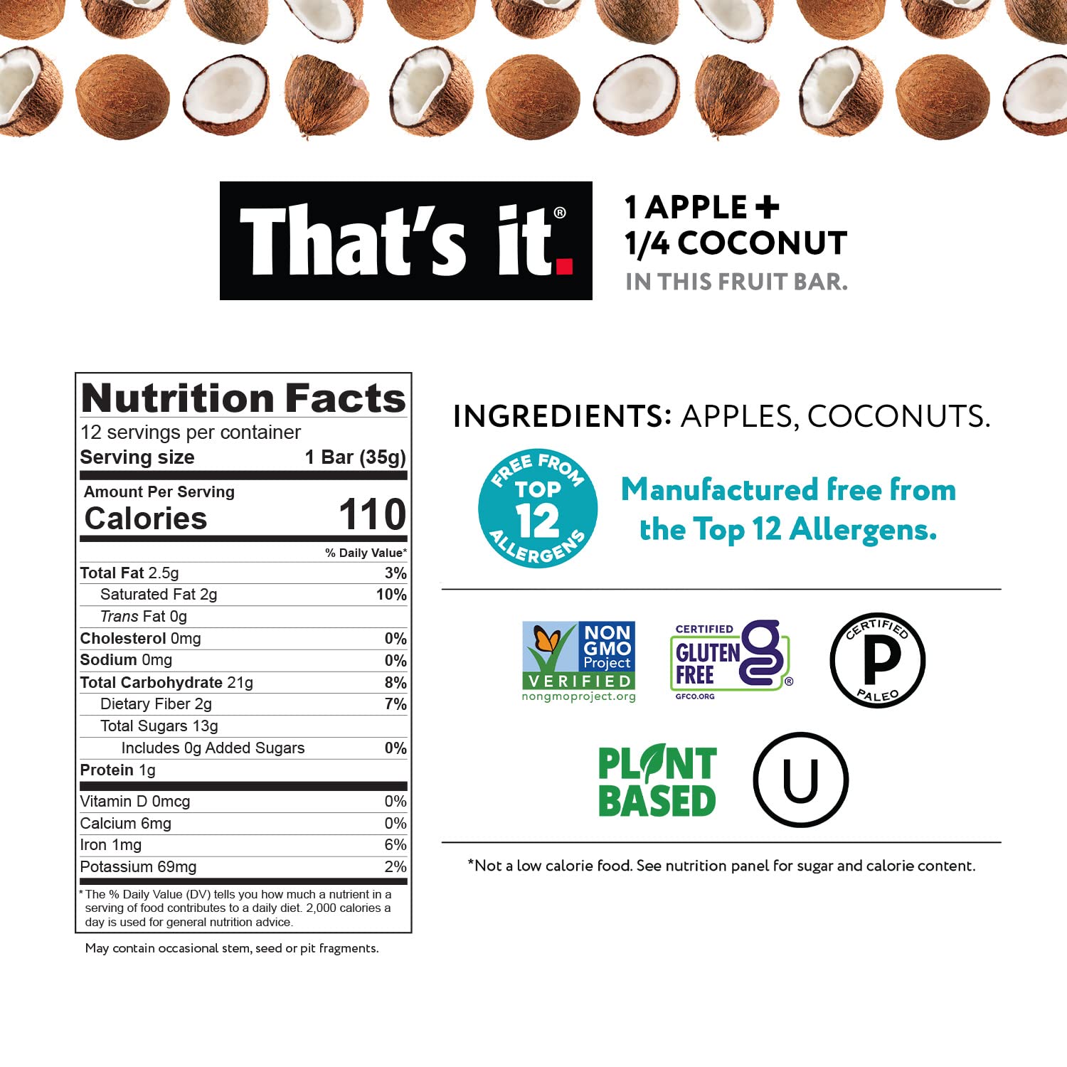 Apple + Coconut Fruit Bars nutrition facts label