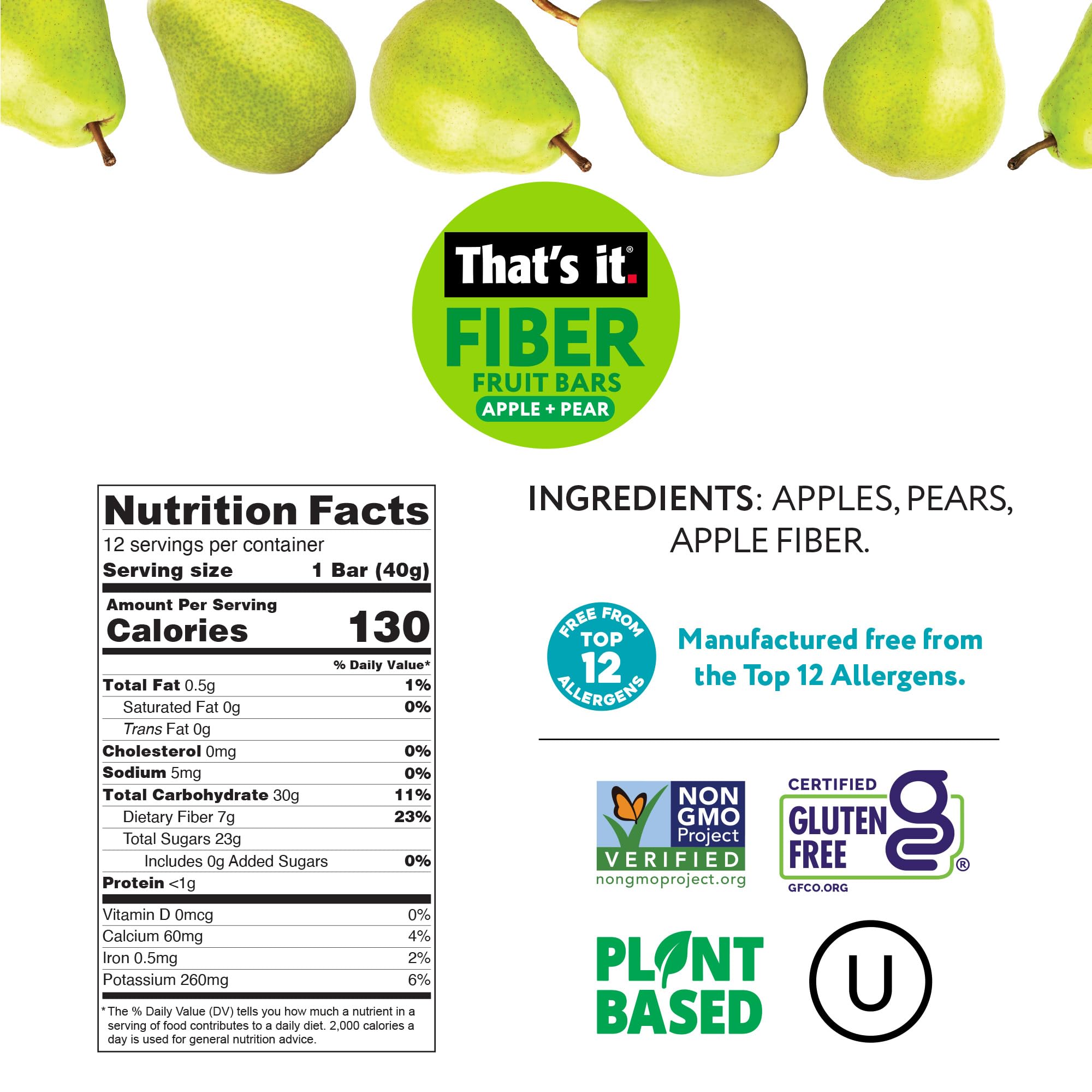 Apple + Pear Fiber Fruit Bars (12 Bars) nutrition facts label