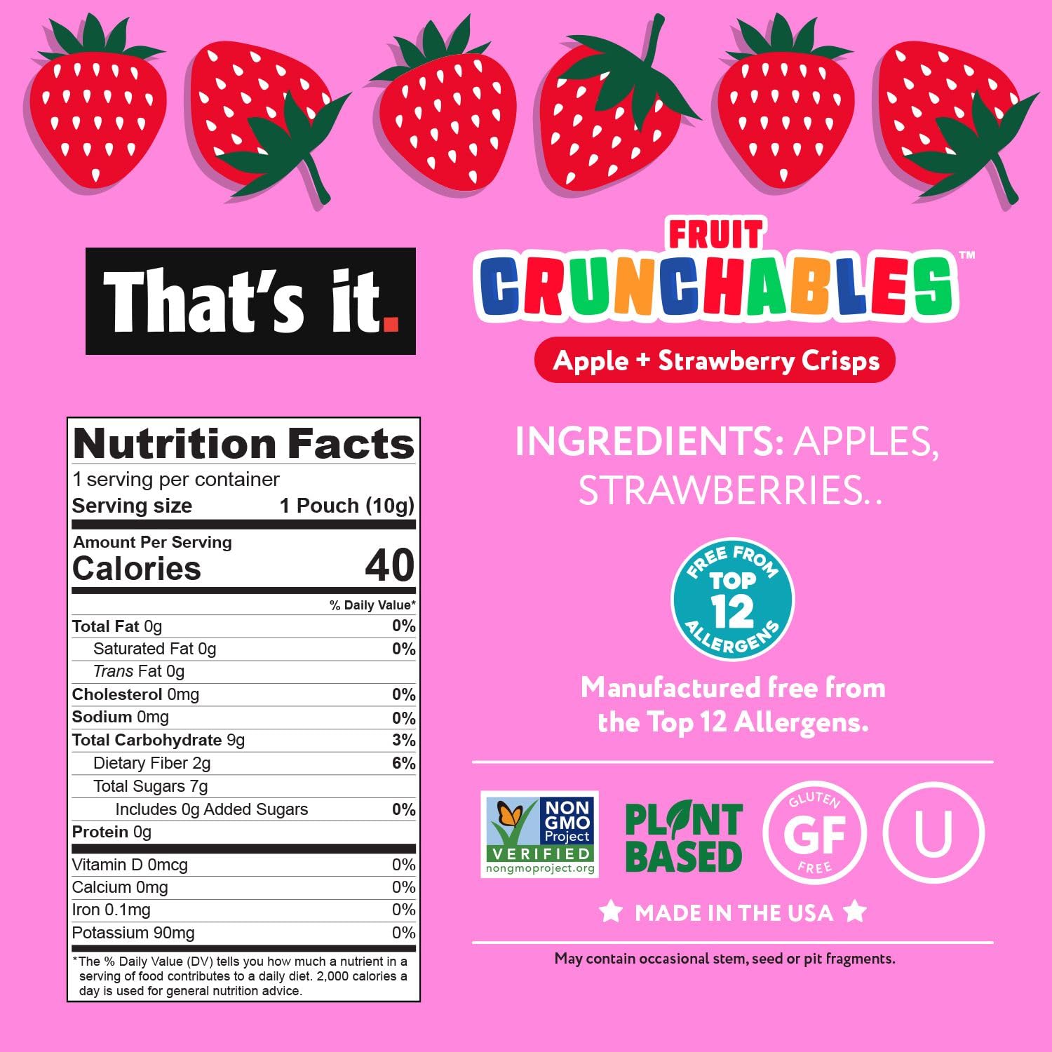 Apple + Strawberry Crisps Fruit Crunchables (15 Packs) nutrition facts label