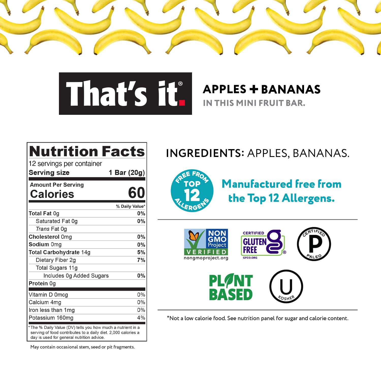Minis Variety Pack - Banana, Blueberry & Mango (36 Bars) nutrition facts label