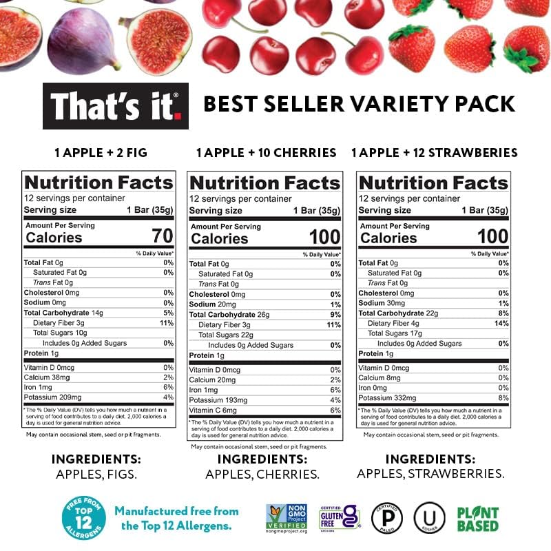 Best Sellers Fruit Bar Variety Pack - Blueberry, Cherry, Fig, Mango & Strawberry (20 Bars) nutrition facts label