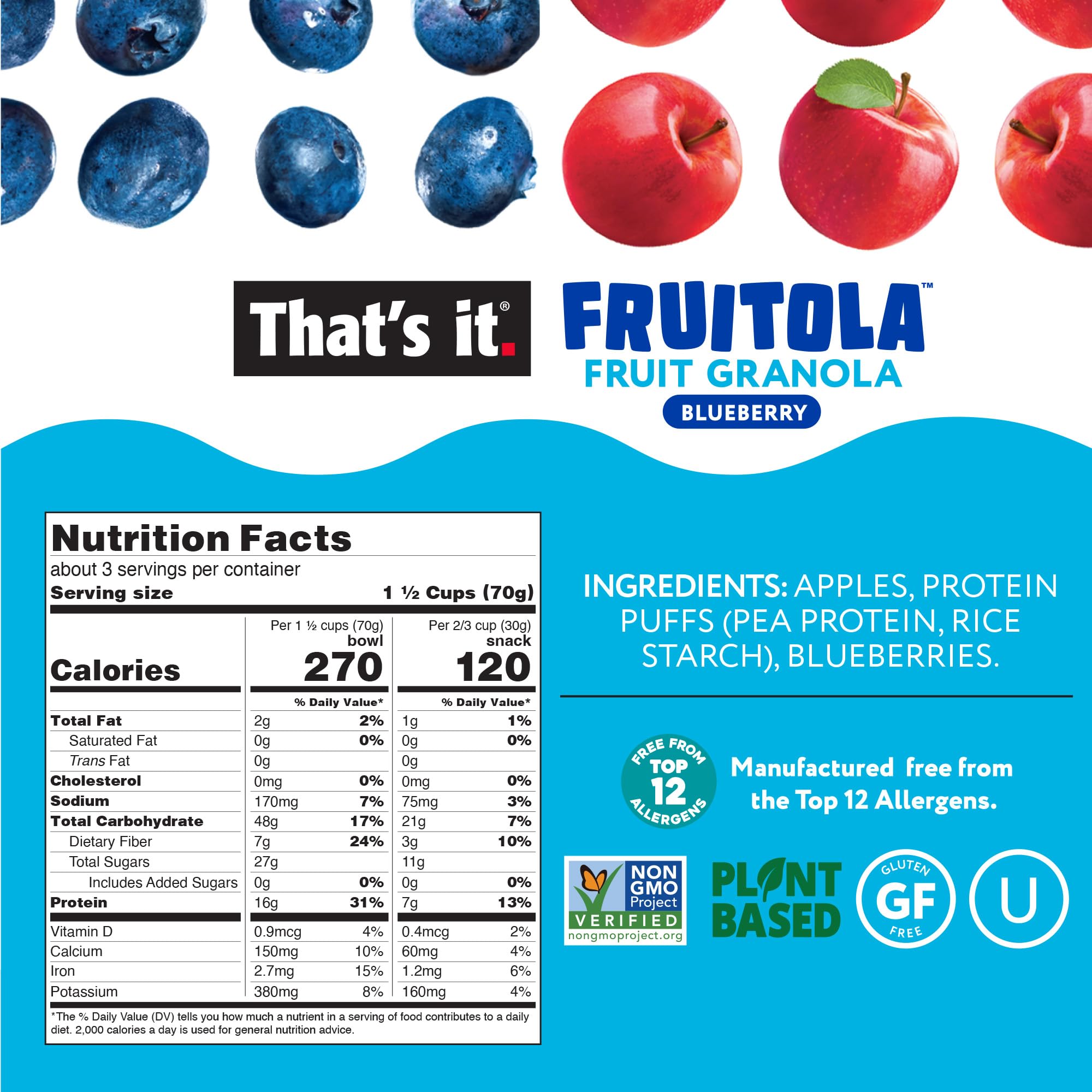 Blueberry Fruitola Fruit Granola (3 Packs) - 7oz nutrition facts label