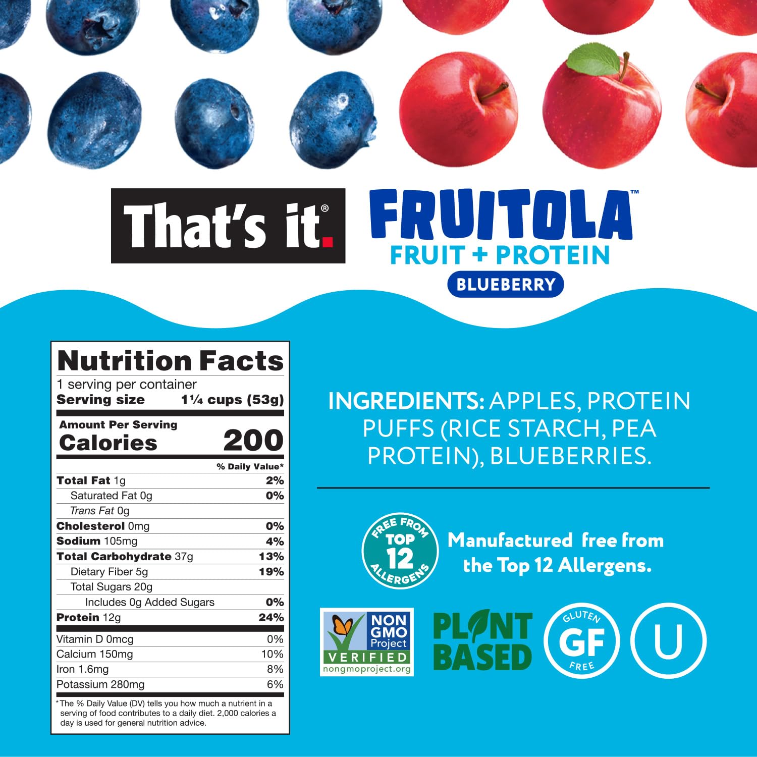 Blueberry Fruitola Fruit Granola - Snack Size (4 Packs) - 1.9oz nutrition facts label