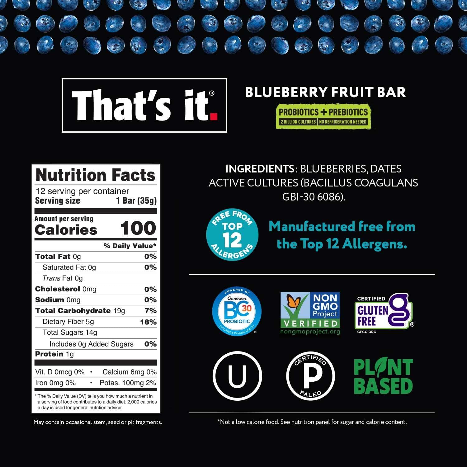 Blueberry Probiotic Fruit Bars nutrition facts label