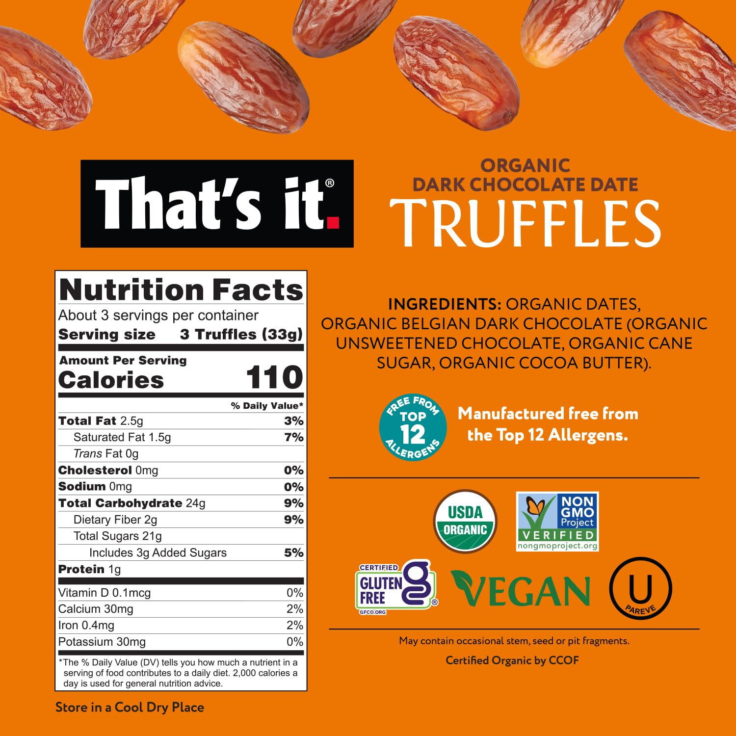 Organic Dark Chocolate Date Truffles (3 Packs) nutrition facts label