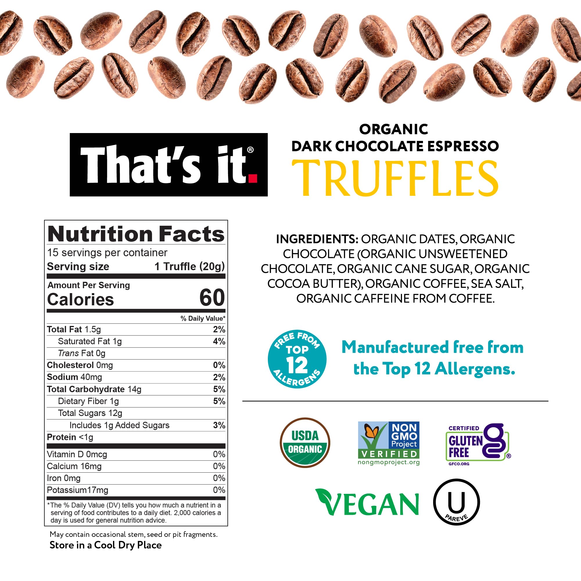 Organic Dark Chocolate Espresso Truffles nutrition facts label