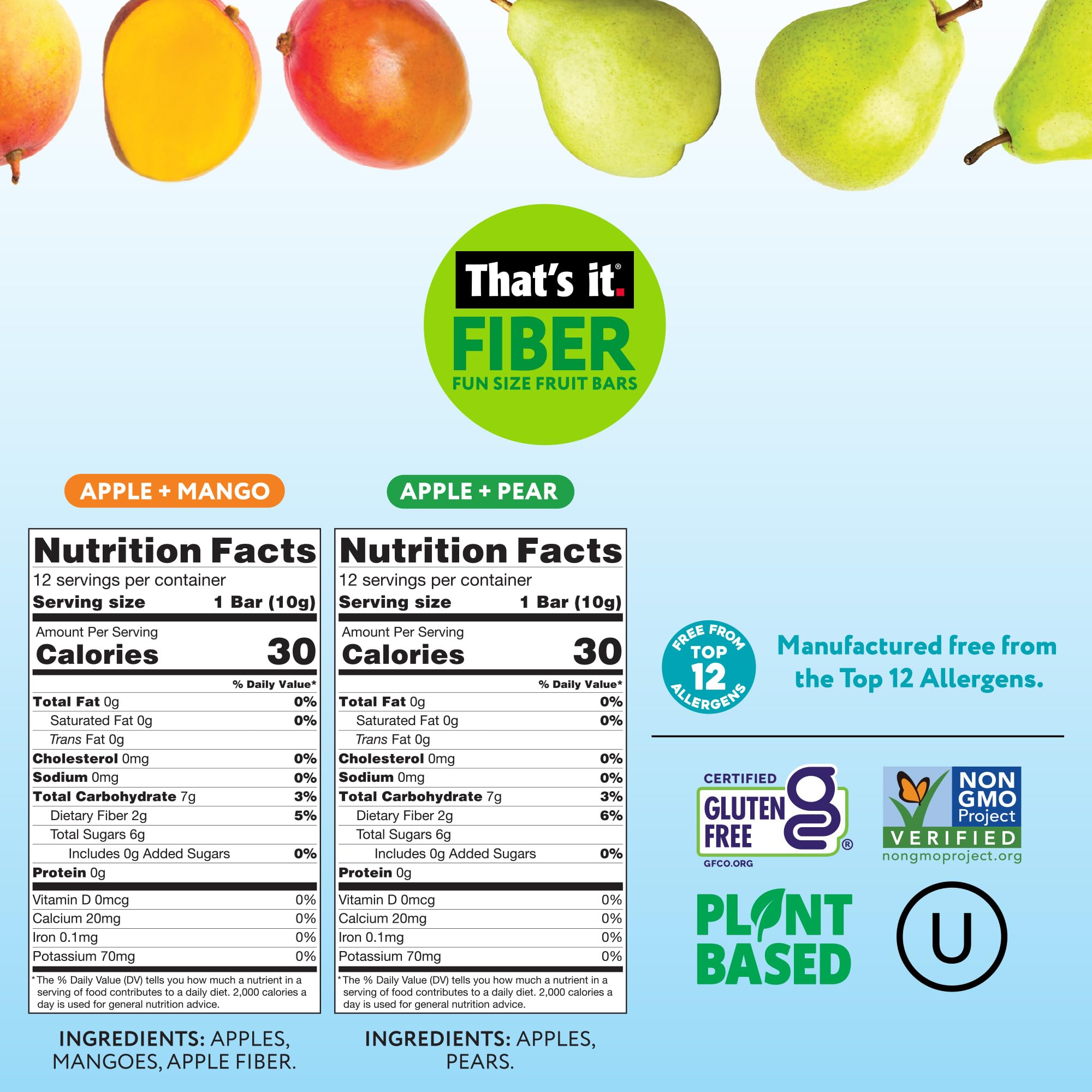 Fiber Fun Size Fruit Bar Variety - Mango & Pear (24 Bars) nutrition facts label