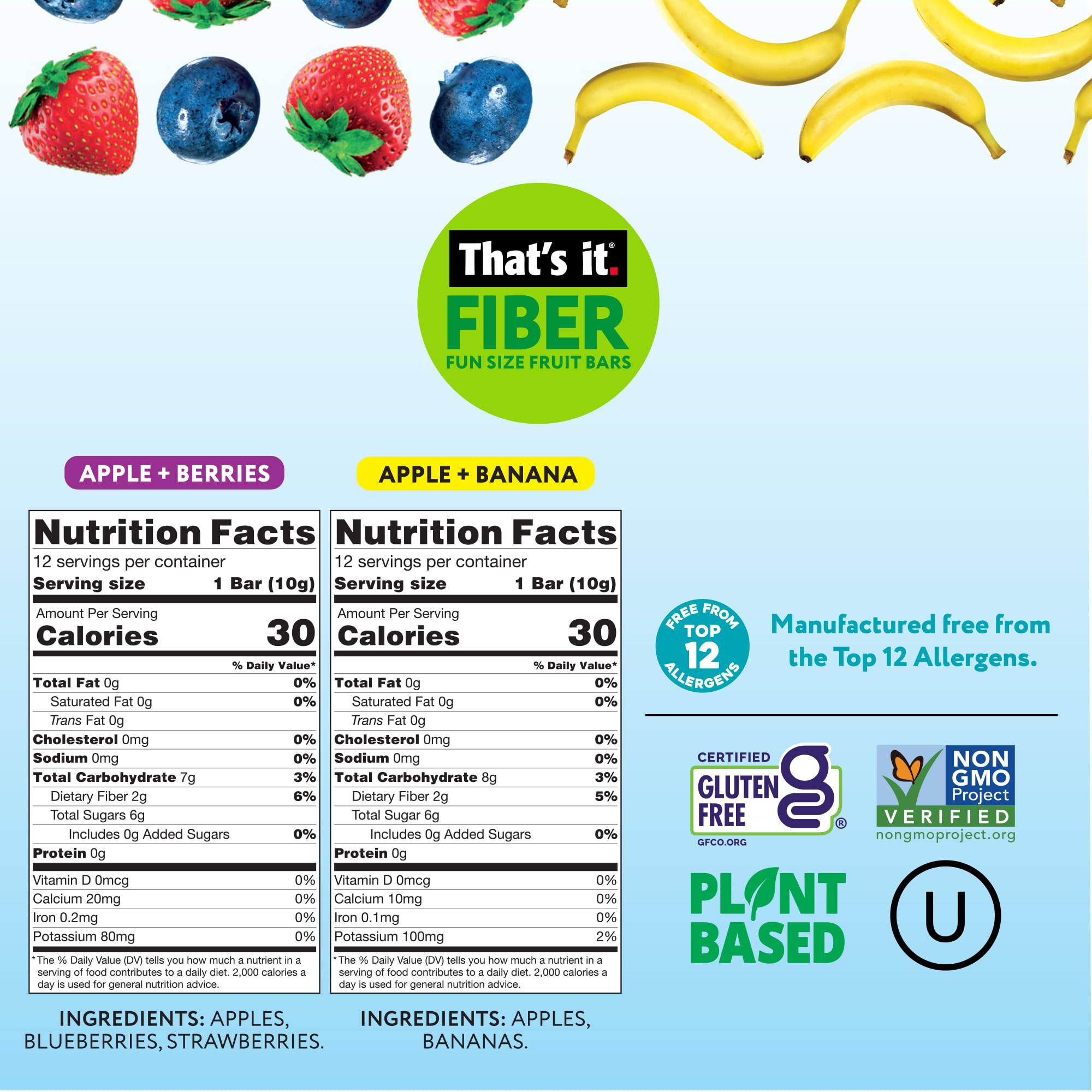 Fiber Fun Size Fruit Bar Variety - Mixed Berries & Banana (24 Bars) nutrition facts label