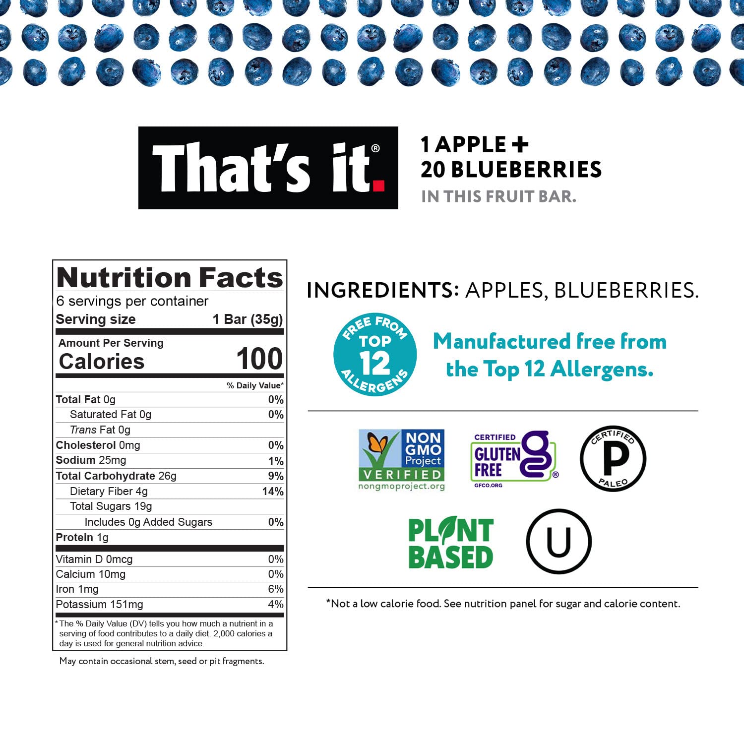 Fruit Bar Variety Pack - Strawberry & Blueberry (12 Bars) nutrition facts label