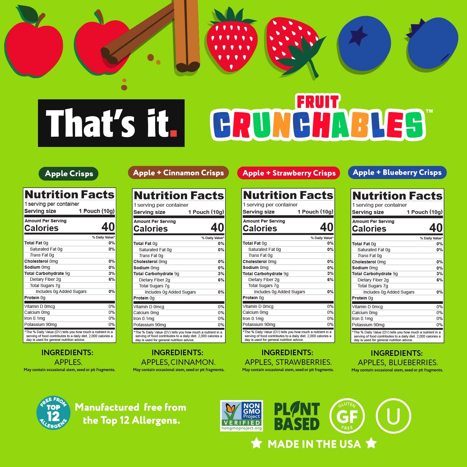 Fruit Crunchables Apple Crisps Variety Pack - Apple, Blueberry, Cinnamon & Strawberry (16 Packs) nutrition facts label