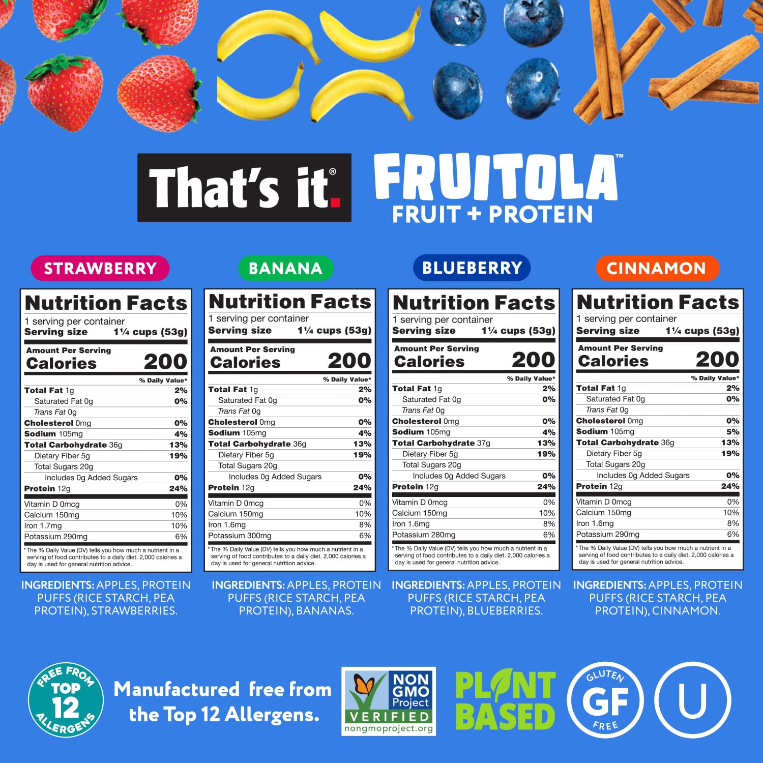 Fruitola Fruit Granola Snack Size Variety Pack (4 Packs) - 1.9oz nutrition facts label