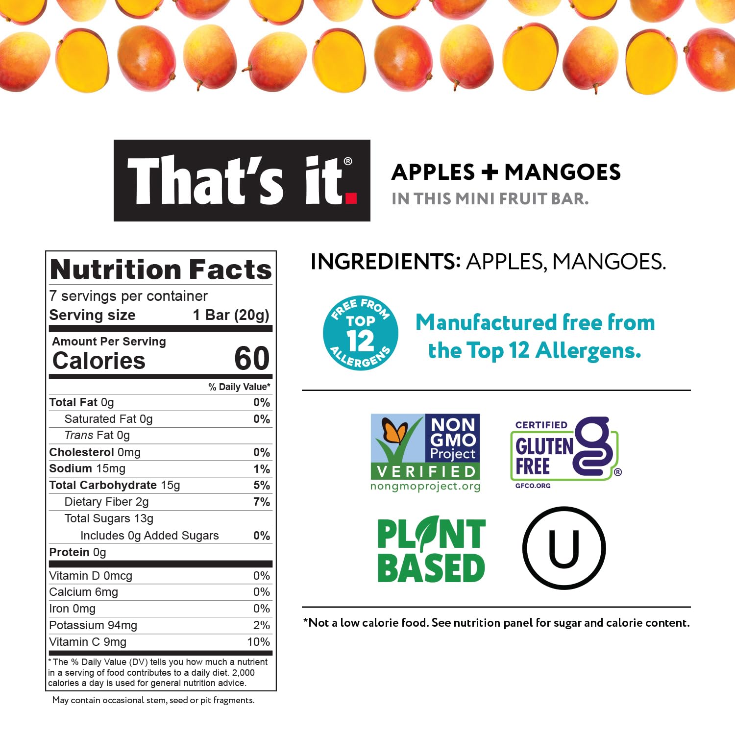 Minis Variety Pack - Blueberry, Cherry, Fig, Mango & Strawberry (35 Bars) nutrition facts label