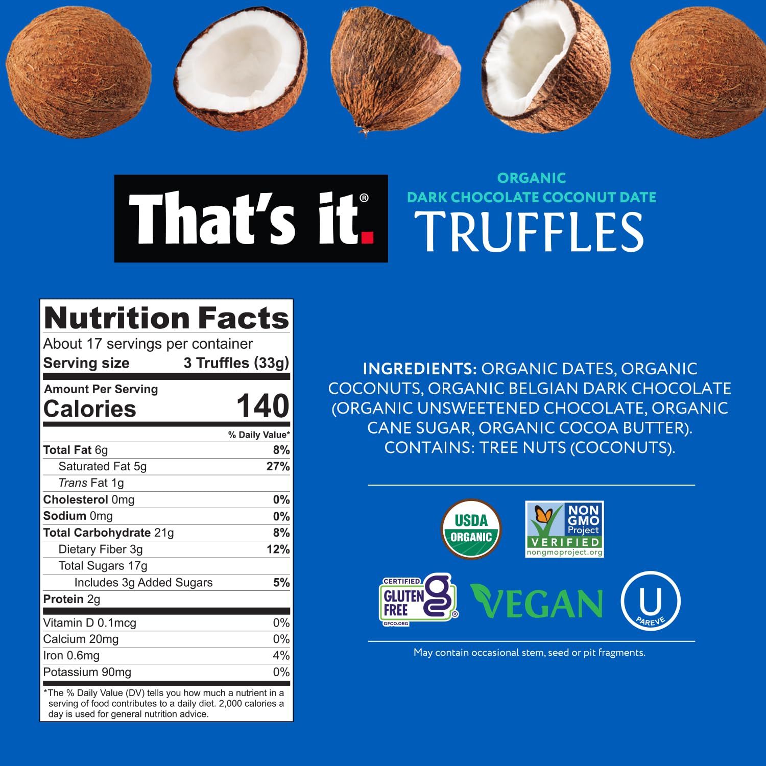 Organic Dark Chocolate Coconut Date Truffles (20 oz) nutrition facts label