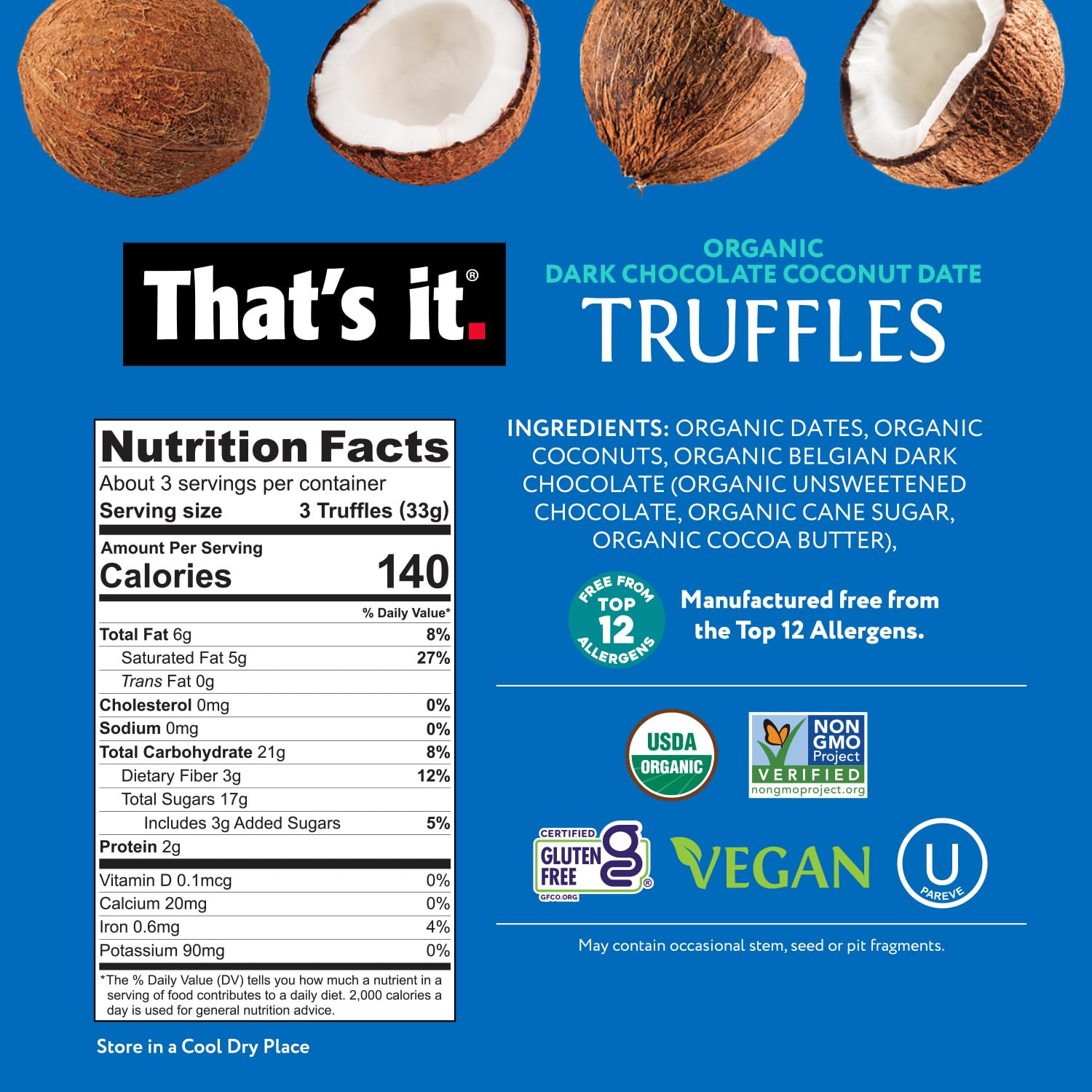 Organic Dark Chocolate Coconut Date Truffles (3 Packs) nutrition facts label