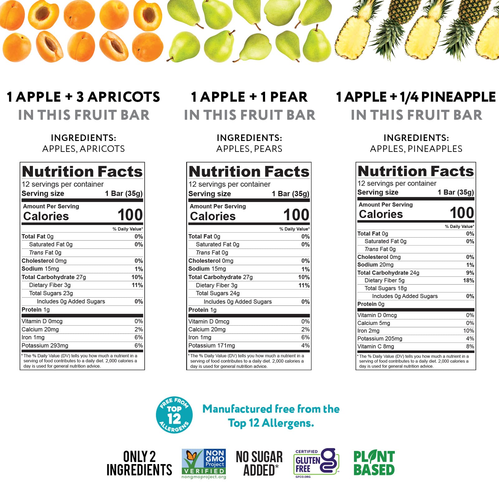 Fruit Bar Variety Pack - Apricot, Pear  & Pineapple (36 Bars) nutrition facts label