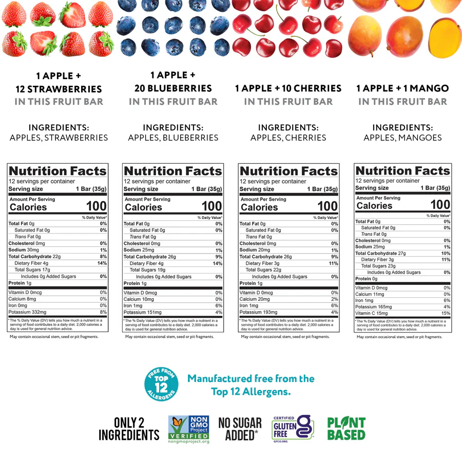 Best Sellers Fruit Bar Variety Pack - Blueberry, Cherry, Mango & Strawberry (48 Bars) packaging